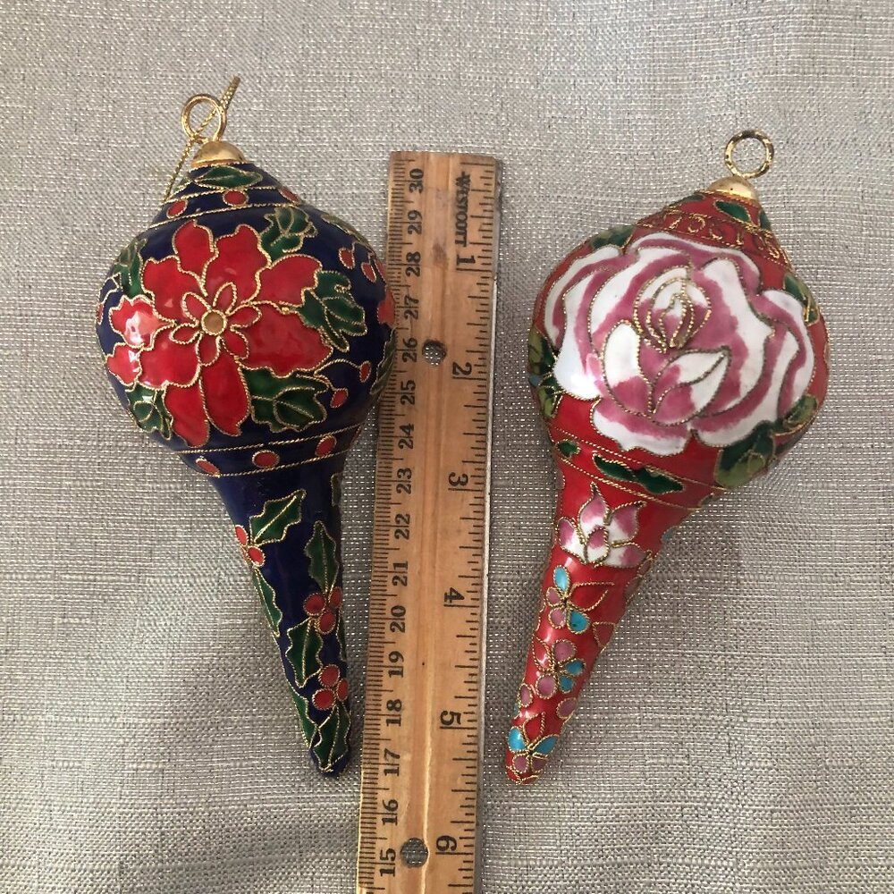 Cloisonne Ornament Christmas Cone-shaped Holiday Filigree (2) Blue Red Vintage